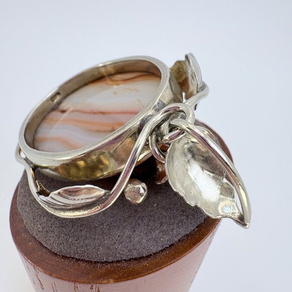 VTG Sterling Silver 925 Banded Agate Leaf Design Pendant Size 2.5" Length - Picture 8 of 11